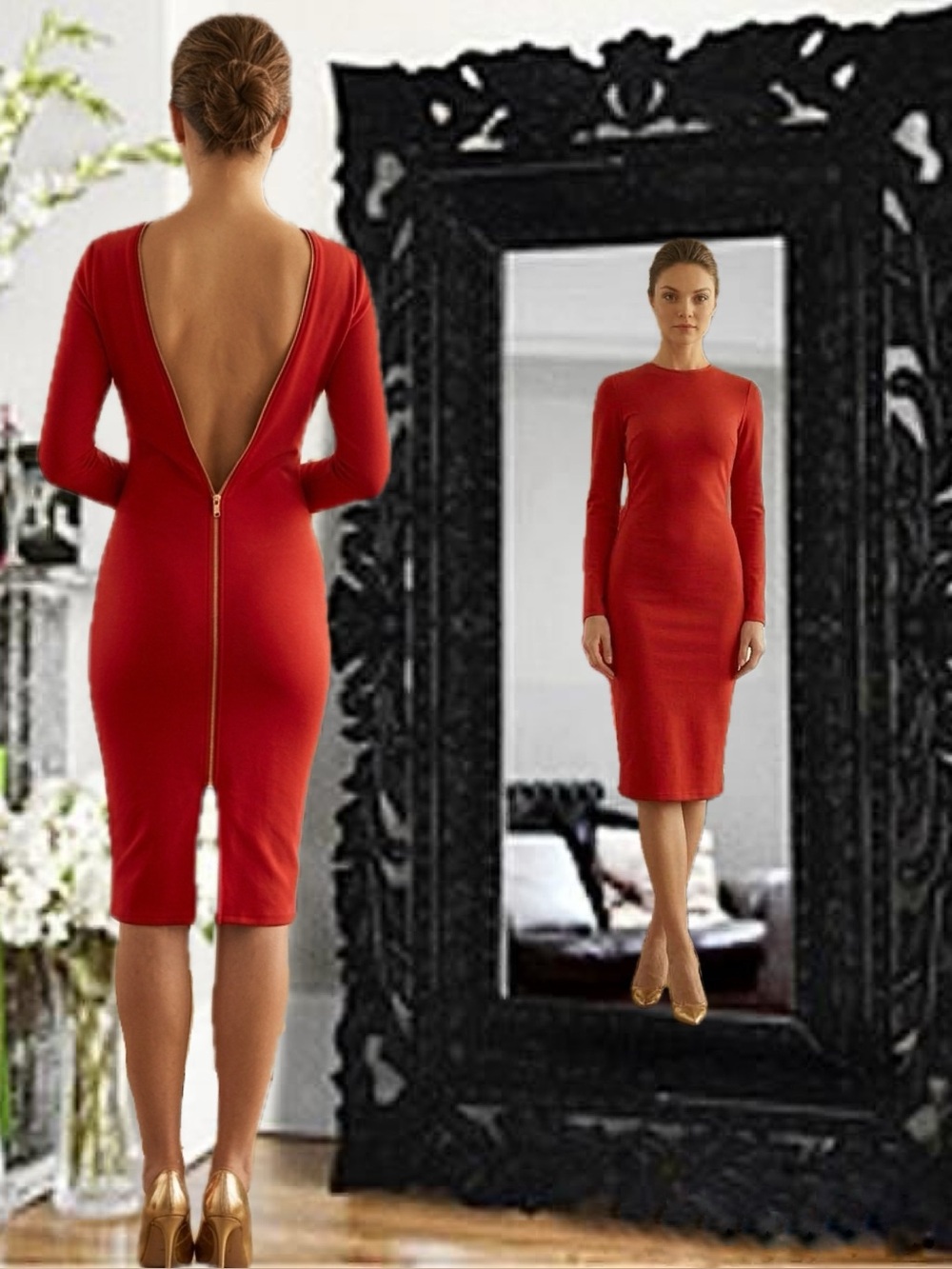 Long Sleeve Open Zipper Back Pencil Dress NWT